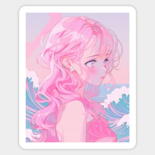 Pink Anime Girl Waves Japanese Sticker